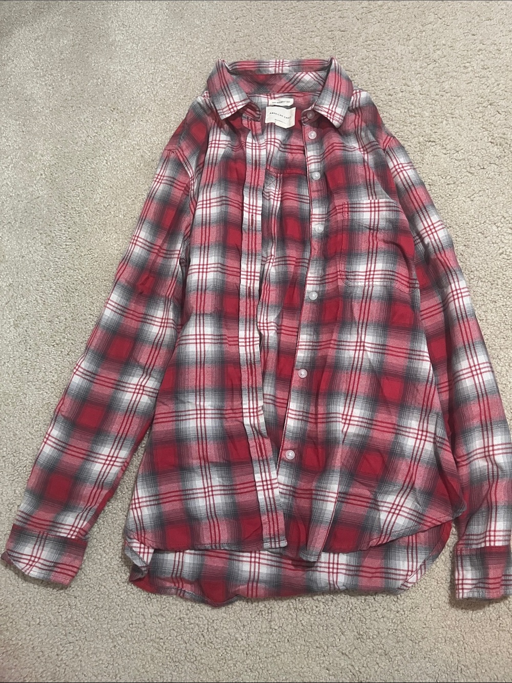 American Eagle Red, White & Gray Plaid Boyfriend Shirt